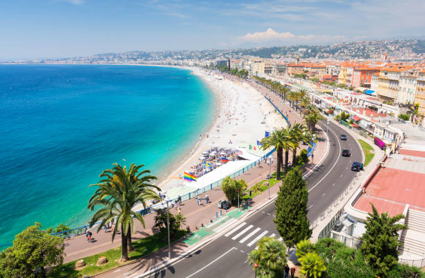 view on famous promenade des anglais in nice, french riviera, cote d'azur, france - city of nice france french riviera promenade des anglais imagens e fotografias de stock