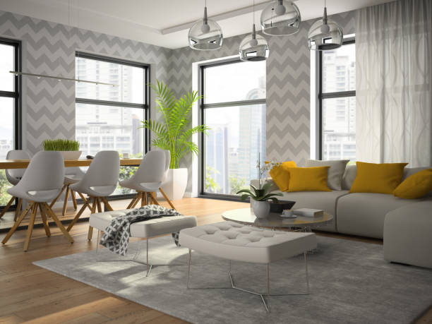 istock Interior of modern design room with grey wallpaper 3D rendering 870254252