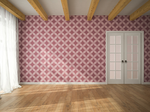 Interior of empty room with vinous wallpaper and door 3D rendering