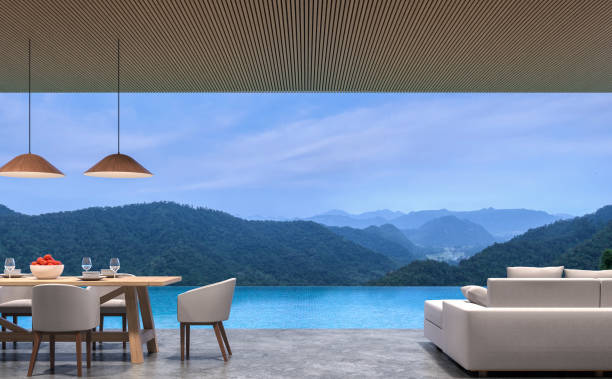 istock Loft style pool villa living and dining room with mountain view 3d rendering image 870258344