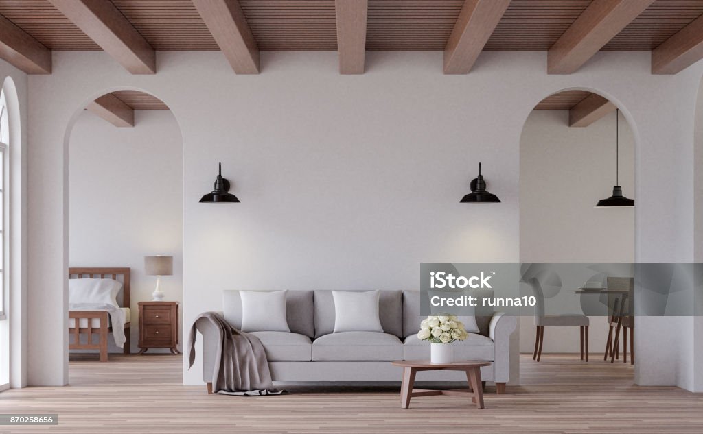 Vintage living 3d rendering image Vintage living 3d rendering image.The Rooms have wooden floors and ceilings with white walls and arch windows. Look through the door to see the bedroom and dining room behind. Beauty Stock Photo