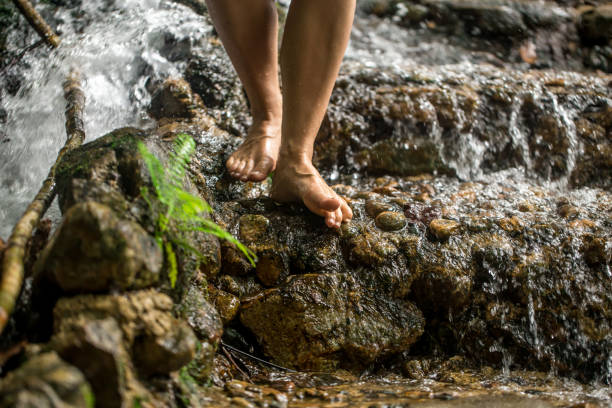 istock bare female feet on the water 870261080