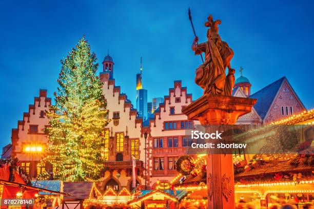 Christmas Market In Frankfurt Stock Photo - Download Image Now - Illuminated, Night, Town