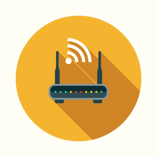 ilustraciones, imágenes clip art, dibujos animados e iconos de stock de icono de comunicaciones router diseño plano con sombra lateral - router