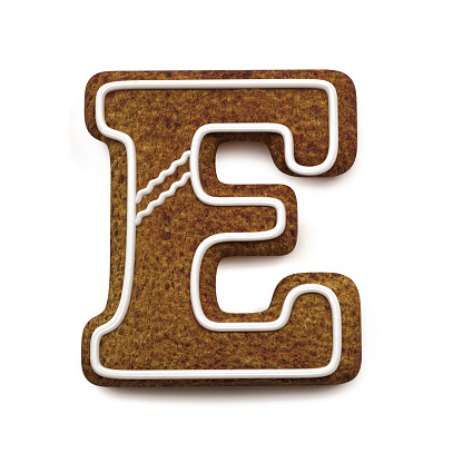 Gingerbread font. Christmas biscuit alphabet concept. 3d rendering isolated on White Background. Big Letter E
