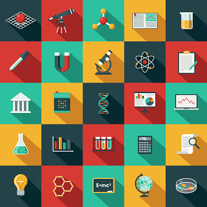 A set of flat design styled science and technology icons with a long side shadow. Color swatches are global so it’s easy to edit and change the colors.