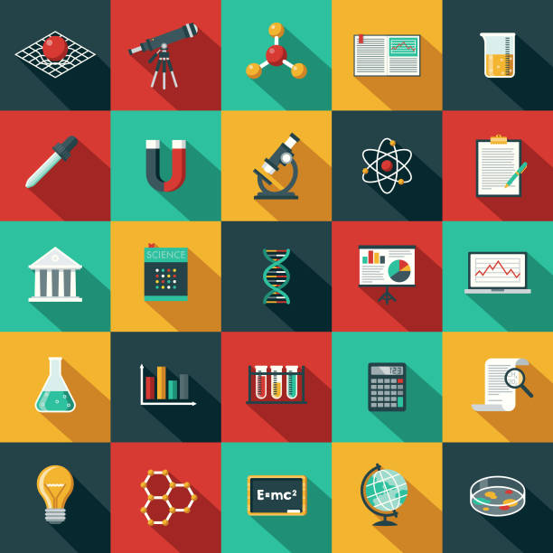 Flat Design Science & Technology Icon Set with Side Shadow A set of flat design styled science and technology icons with a long side shadow. Color swatches are global so it’s easy to edit and change the colors. educational subject stock illustrations