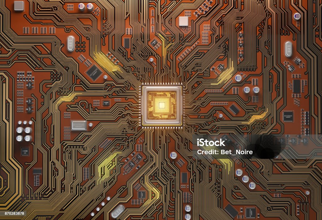 Circuit board with CPU.  Motherboard system chip with glowing processor. Computer´s technology and internet concept. Circuit board with CPU.  Motherboard system chip with glowing processor. Computer´s technology and internet concept. 3d illustration Quantum Computing Stock Photo