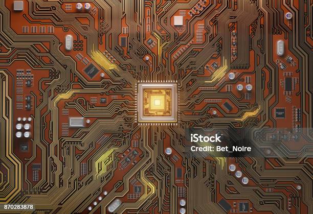 Circuit Board With Cpu Motherboard System Chip With Glowing Processor Computers Technology And Internet Concept Stock Photo - Download Image Now