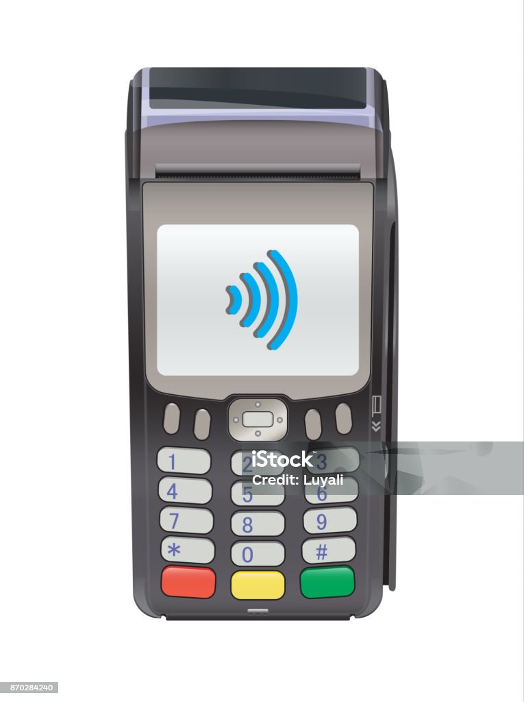 POS Terminal for Contactless payment, communication technology POS Terminal for Contactless payment, communication technology. Near-field communication protocol. Vector Icon. Wifi Mobile Pay. Wireless bank, mobile, NFC, Credit Card payments Station stock vector