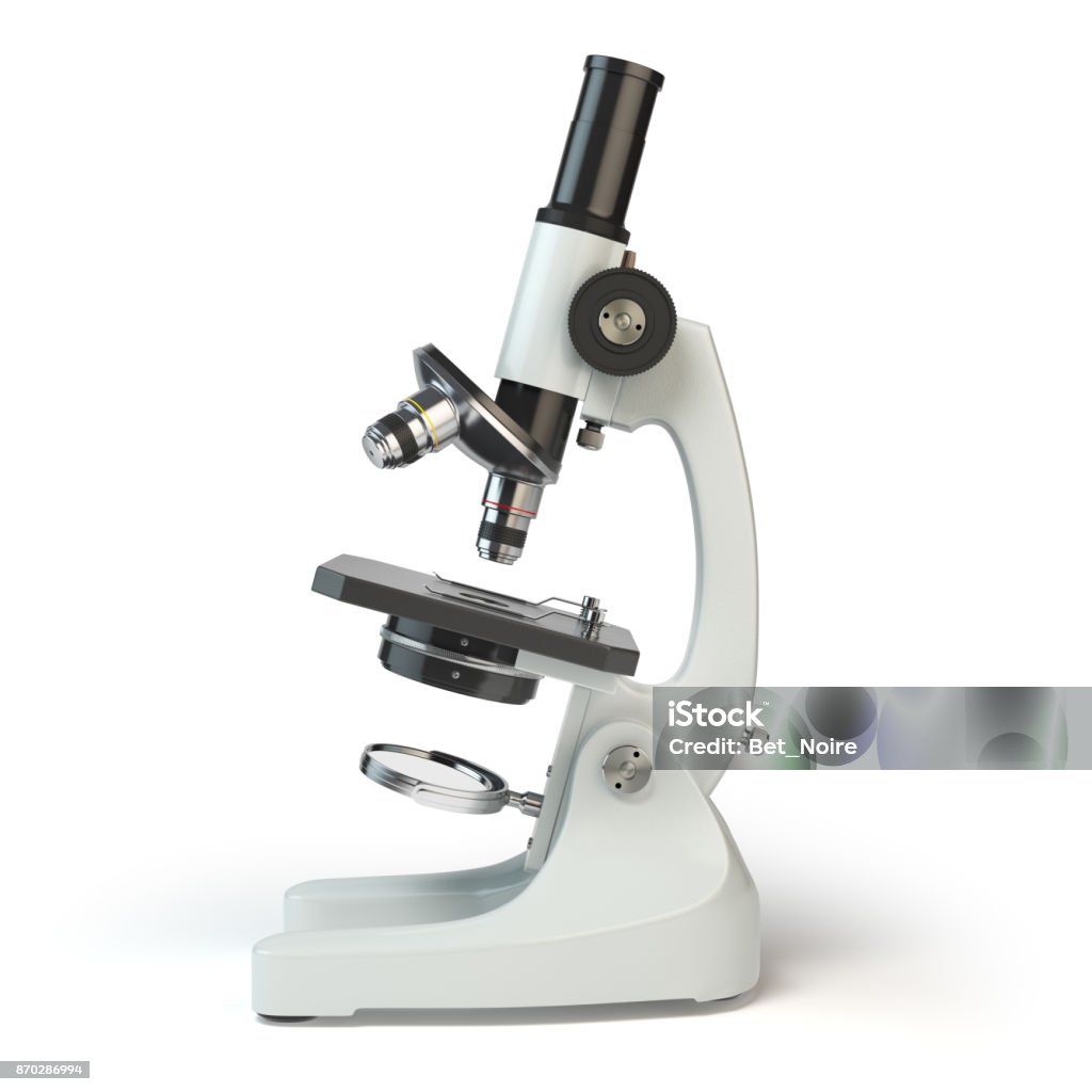 Microscopio isolato su sfondo bianco. - Foto stock royalty-free di Microscopio
