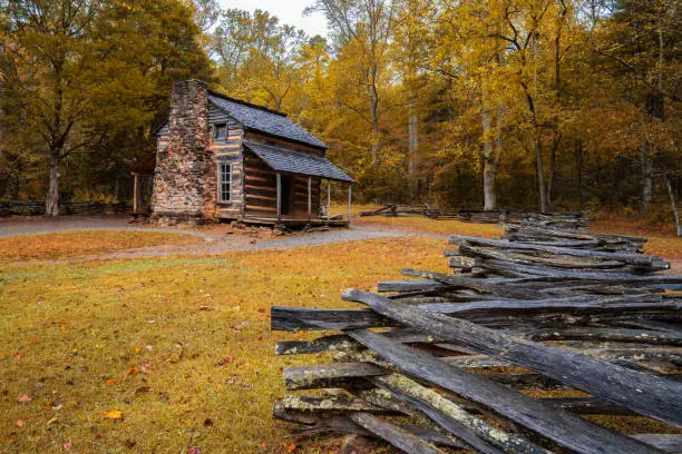 Autumn at the John Oliver Cabin in Cades Cove in Great Smoky Mountains National Park, Tennessee.