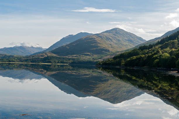 Reflections of mountains in Loch Creran - Scotland, UK Mirror view - Reflections of mountains in Loch Creran - West coast Highlands, Scotland, UK argyll and bute stock pictures, royalty-free photos & images