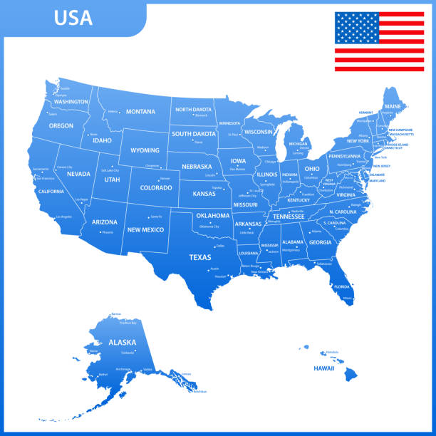 szczegółowa mapa usa z regionów lub stanów i miast, stolicy. stany zjednoczone ameryki z flagą narodową - map cartography washington dc tennessee stock illustrations