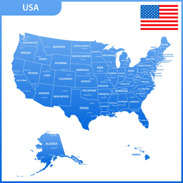 The detailed map of the USA with regions or states and cities, capital. United States of America with national flag The detailed map of the USA with regions or states and cities, capital. United States of America with national flag oregon ohio stock illustrations