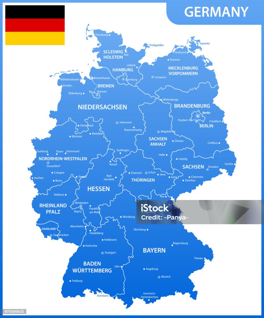 The detailed map of the Germany with regions or states and cities, capitals, national flag Germany stock vector