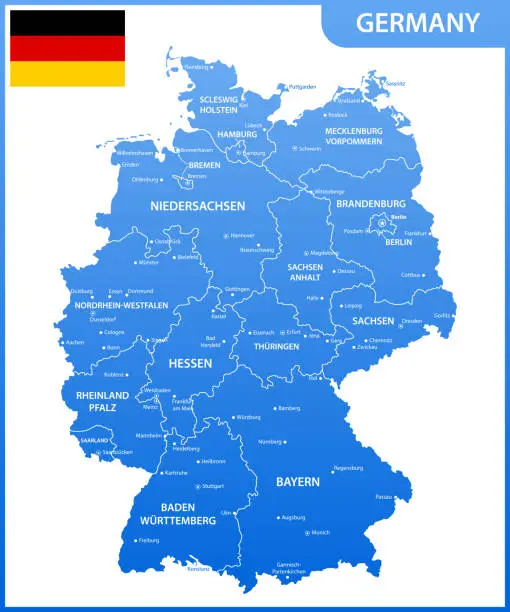 Vector illustration of The detailed map of the Germany with regions or states and cities, capitals, national flag