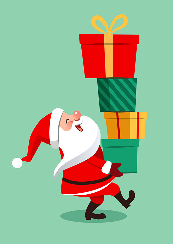 Vector cartoon illustration of funny Santa Claus character carrying a stack of big colorful gift boxes, isolated on aqua green background in contemporary flat style. Christmas theme design element