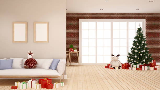 istock christmas tree and gift in living room -  artwork for Christmas day - 3D Rendering 870329896