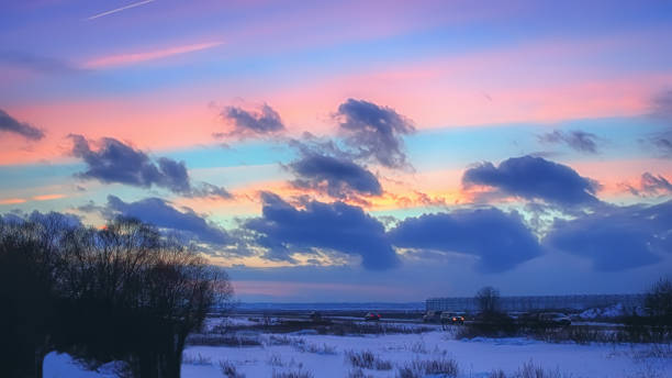 istock Night Winter Landscape With Pink Clouds At Sunset 870341880