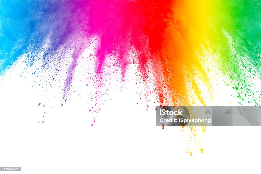Freeze motion of colored powder explosions isolated on white background Colors Stock Photo