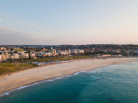 Aerial view of Bondi Beach with clear sky.