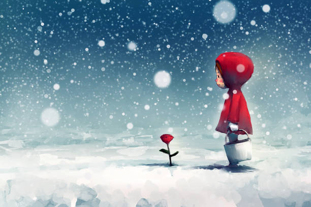 illustrations, cliparts, dessins animés et icônes de fille sur parc enneigé et regardant les roses rouges - backgrounds canvas cold color image