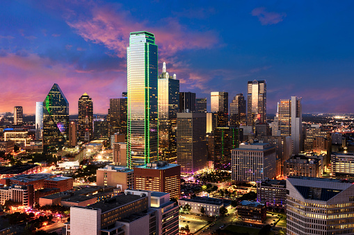 Dallas city skyline, Texas. View from Reunion Tower Downtown. Beautiful scene after sunset of commercial zone.