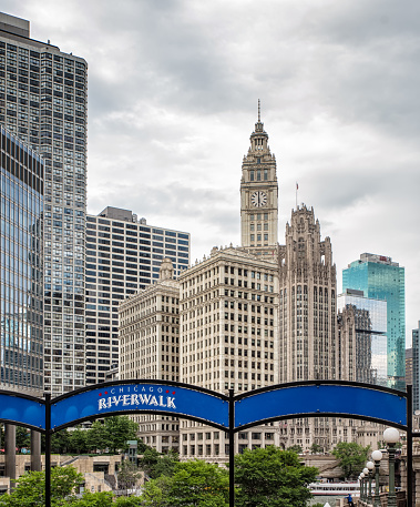 Chicago, Illinois, USA - June 18, 2017:  Chicago's famous riverwalk cityscape