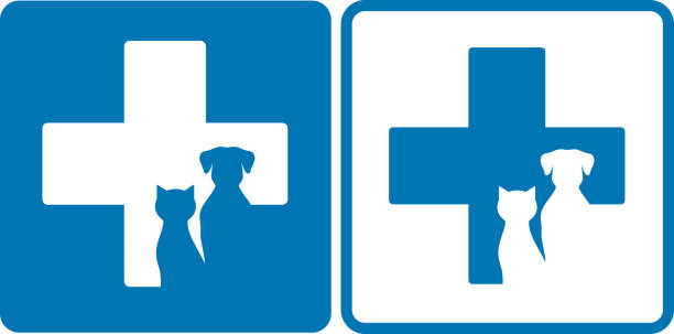 veterinary symbol blue veterinary symbol with dog and cat silhouettes dog sitting icon stock illustrations