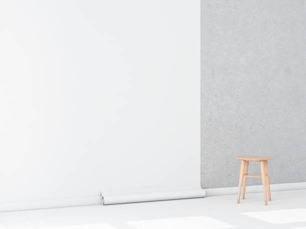 Empty room with White Blank Wallpaper roll Mockup on concrete wall, chair
