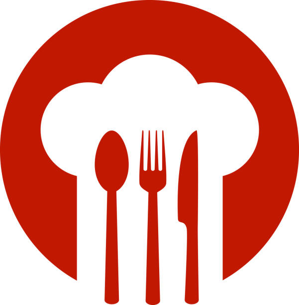 red sign with chef hat red sign with chef hat and spoon, fork, knife chef symbols stock illustrations