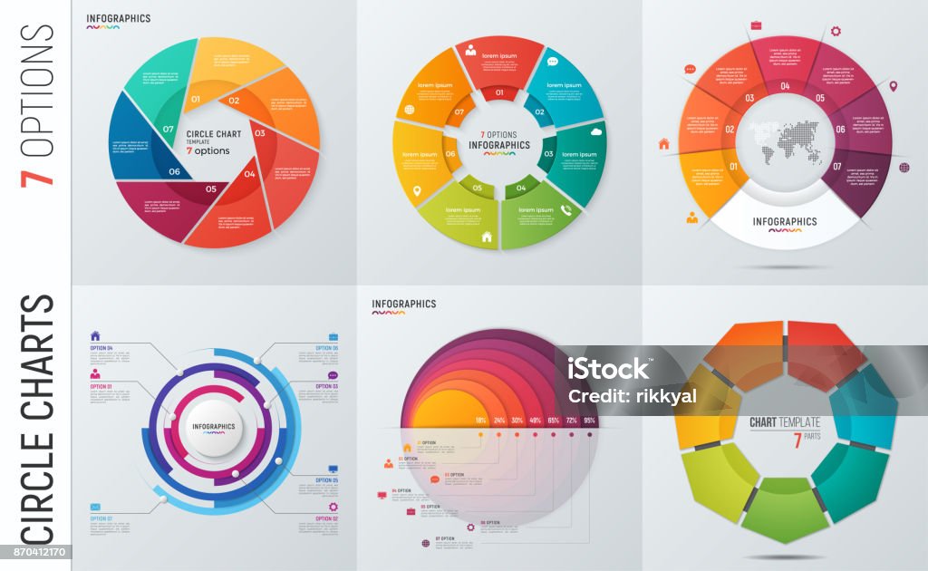 Collection of vector circle chart infographic templates for presentations, advertising, layouts, annual reports. 7 options, steps, parts. Number 7 stock vector