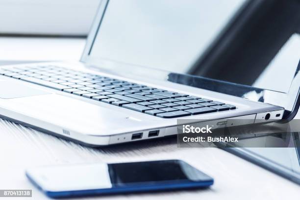 Laptop With Tablet And Smartphone Stock Photo - Download Image Now - Laptop, Telephone, Computer