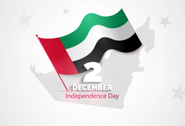2 December. UAE Independence Day greeting card. 2 December. UAE Independence Day greeting card. Celebration background with waving flag and map. Vector illustration united arab emirates flag map stock illustrations