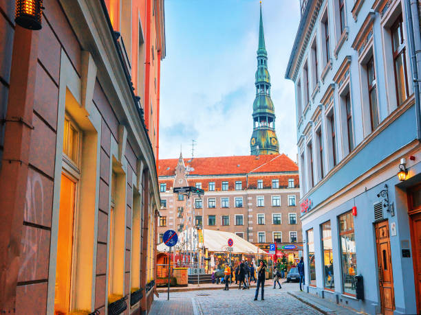 Riga, Latvia - December 28, 2016: Christmas Market in Livu Square in Riga Old Town in winter. People on the background