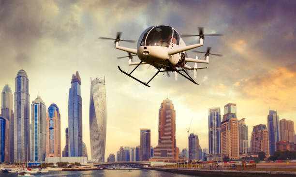 drone volant, transport de personnes à dubaï - futuristic dubai city traffic photos et images de collection