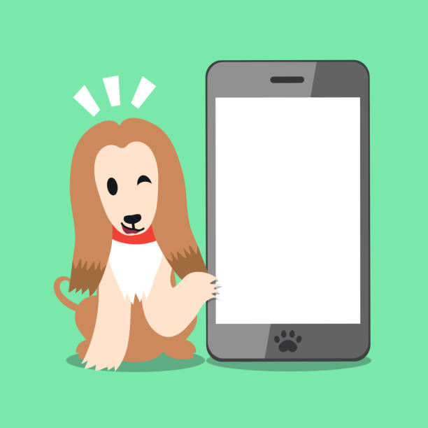 istock Cartoon character afghan hound dog and big smartphone 870423192