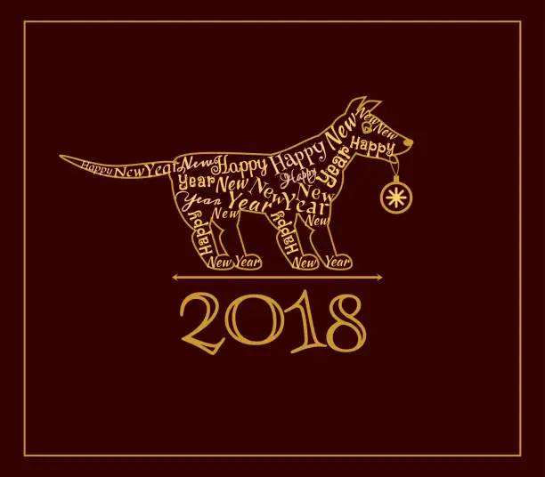 Vector illustration of Silhouette of a dog with new year label on dark background. Holiday greetings