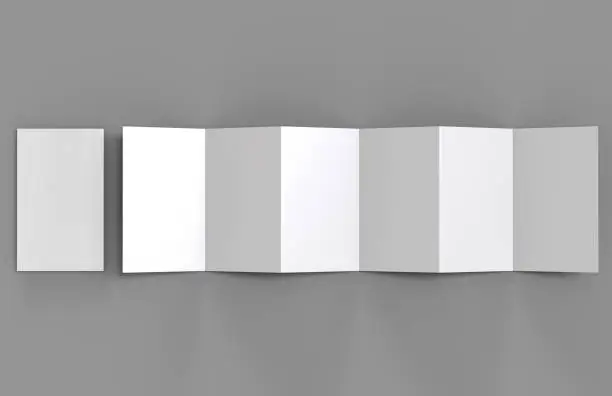 Accordion fold vertical brochure, twelve page leaflet or brochure mockup, concertina fold. blank white