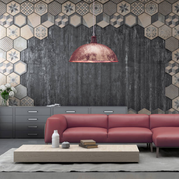 istock Modern red pastel colored sofa in front of a blank wall - copy space template 870427788