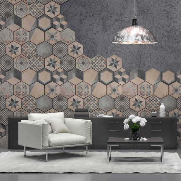 istock Apartment modern interior with armchair and tiled wall 870427806