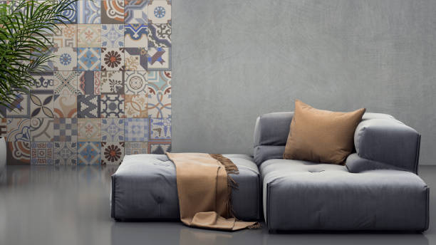 istock Modern pastel colored sofa in front of a blank wall - copy space template 870427810