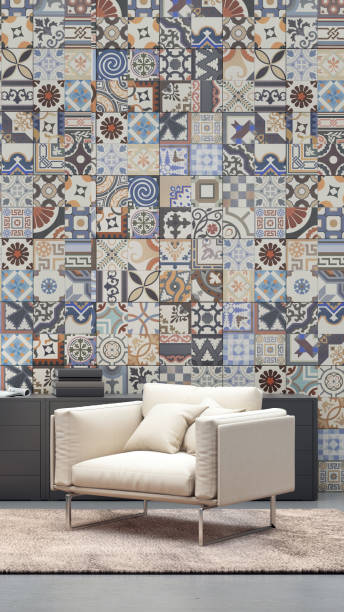 Modern apartment interior with armchair and tiled wall template
