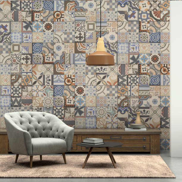 istock Apartment modern interior with armchair and tiled wall 870427836
