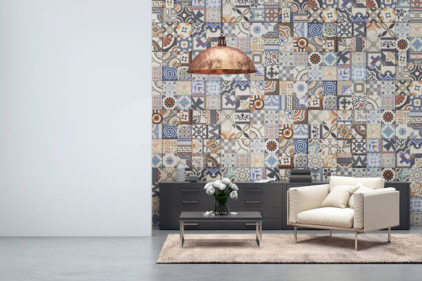 istock Apartment modern interior with armchair and tiled wall 870427838