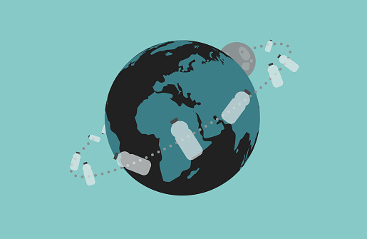 Illustration with Ecological Theme: The Plastic Bottles and Moon in Earths Orbit