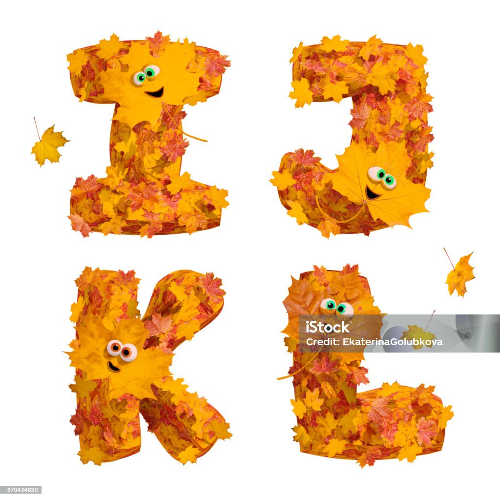 Set of huge animated autumn alphabet letters: I, J, K, L Set of isolated huge animated three-dimensional autumn alphabet letters I, J, K, L on white background. 3D render. Alphabet Stock Photo