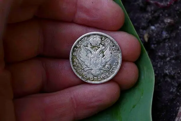 Photo of old silver coin on a palm and green leaf