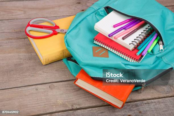 Backpack And School Supplies Books Notepad Felttip Pens Scissors On Brown Wooden Table Stock Photo - Download Image Now
